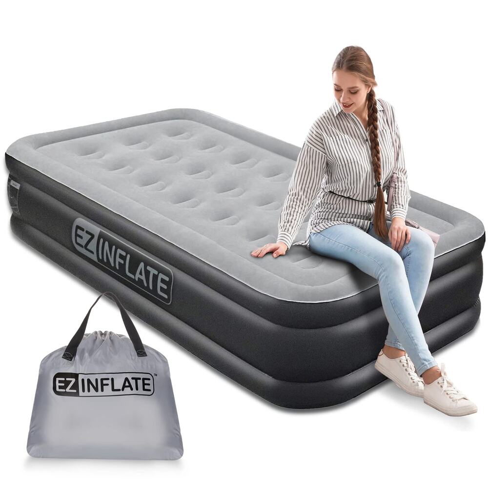 NWT EZ INFLATE Twin Air Mattress with Built-In Pump, Flocked Top
